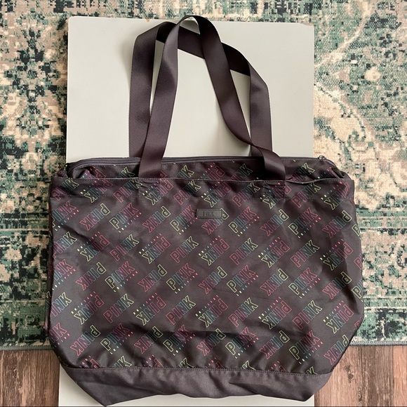 PINK Victoria’s Secret Black Zip Up Tote Bag Black Fluorescent Allover Logo - Picture 4 of 11